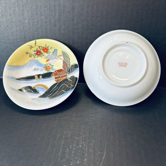Japanese Moriage Dish/Bowl Set of 2, House, Mountain, Boat, Bird, Flowers VTG - Picture 9 of 9